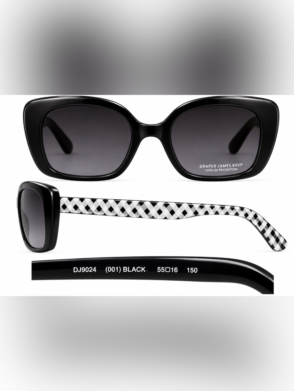 Draper James Black Sunglasses with Black & White Check Temples